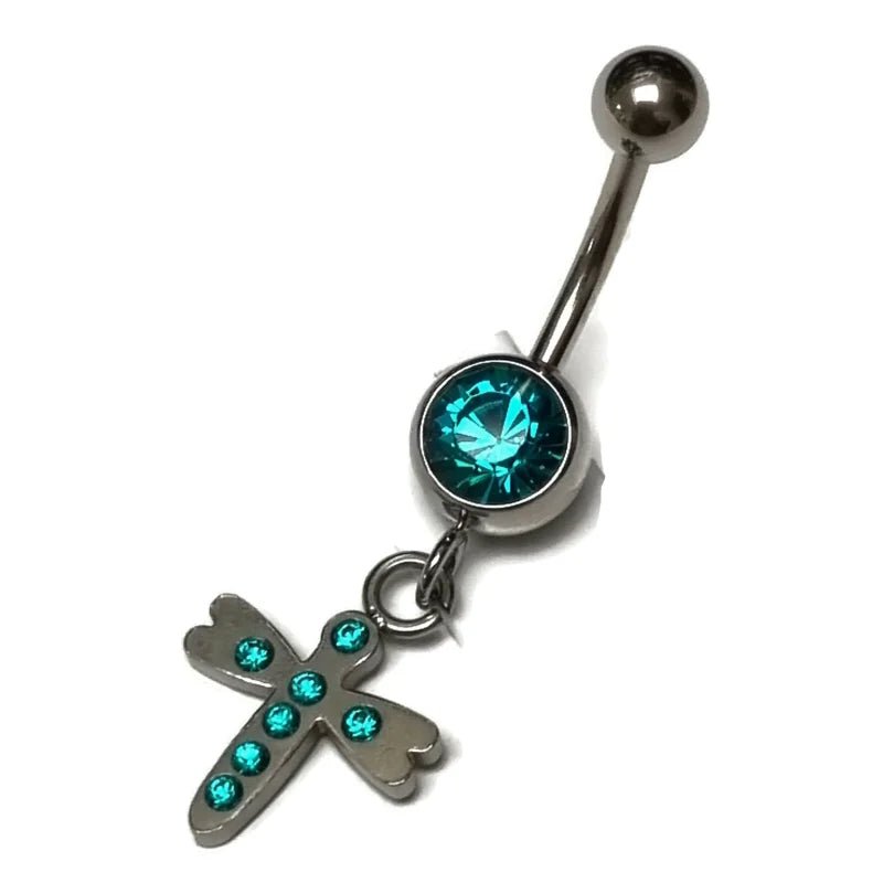 Aramat Jewels navelpiercing van RVS met een zeeblauwe zirkonia steen en een kruisje hanger.