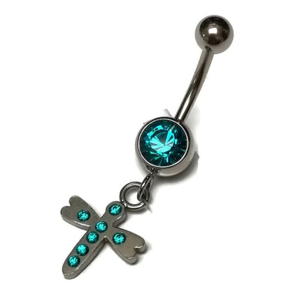 Aramat Jewels navelpiercing van RVS met een zeeblauwe zirkonia steen en een kruisje hanger.