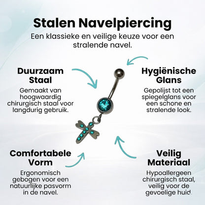 Aramat Jewels navelpiercing van RVS met zeeblauwe zirkonia en kruisje hanger, getoond met productkenmerken.