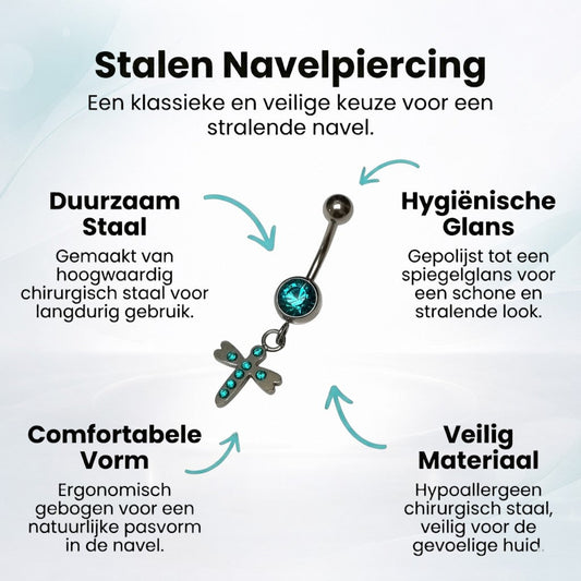Aramat Jewels navelpiercing van RVS met zeeblauwe zirkonia en kruisje hanger, getoond met productkenmerken.