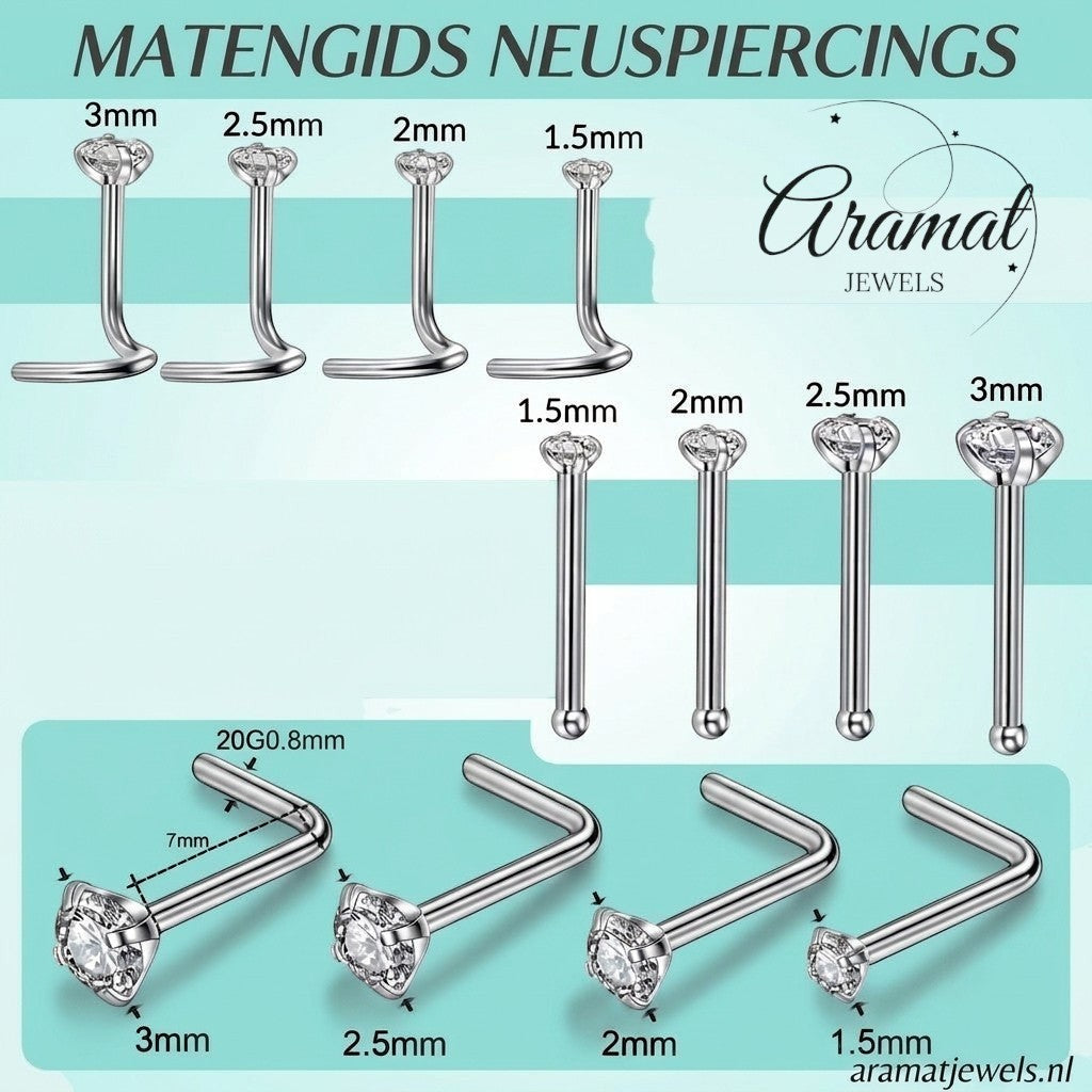 Aramat Jewels neuspiercing maattabel met zirkonia steentjes in 1.5mm, 2mm, 2.5mm en 3mm op rechte en L-vorm staafjes.