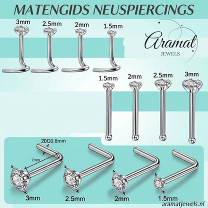 Aramat Jewels neuspiercing maattabel met zirkonia steentjes in 1.5mm, 2mm, 2.5mm en 3mm op rechte en L-vorm staafjes.
