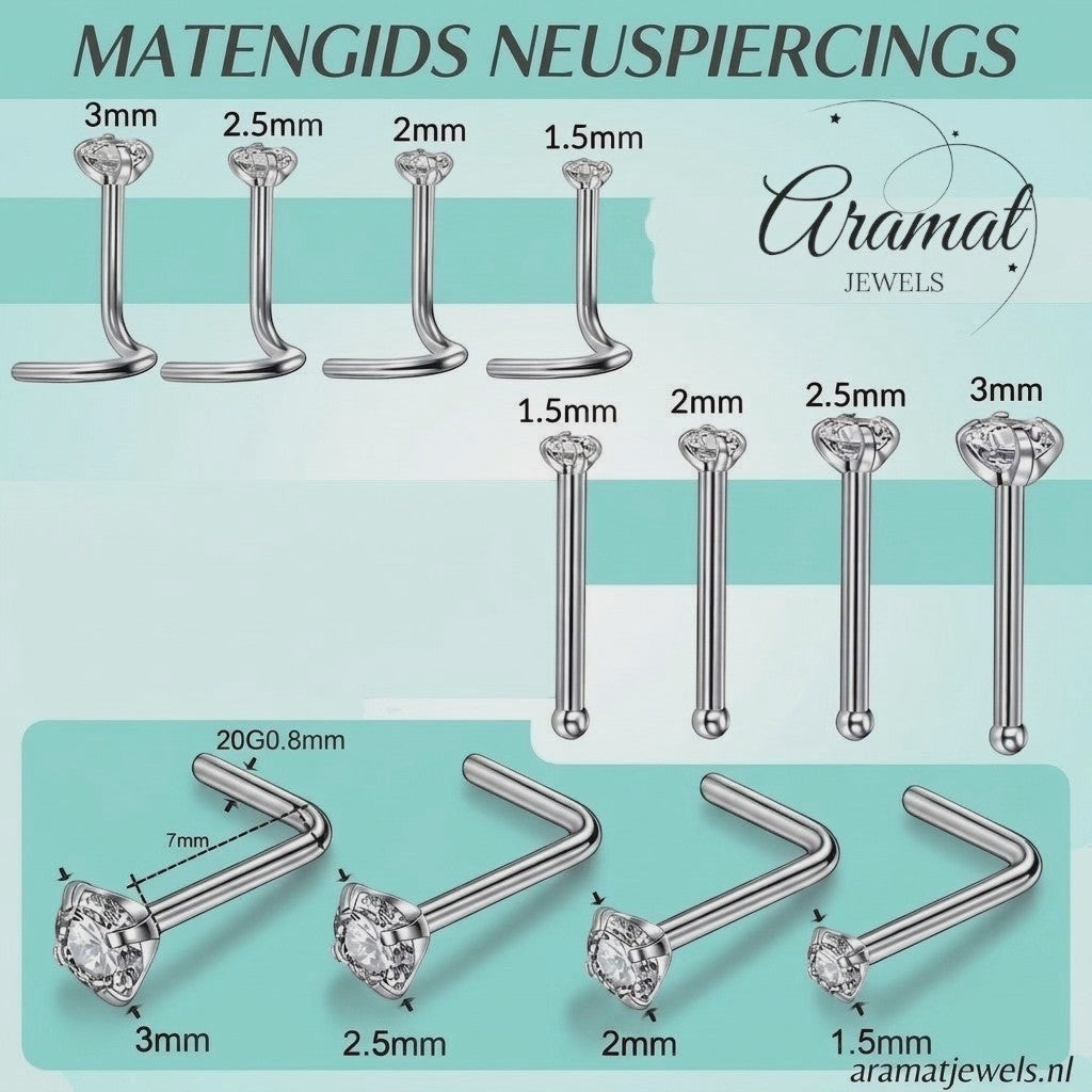 Aramat Jewels surgical steel nose piercing size guide showing various zirconia stone diameters and shapes