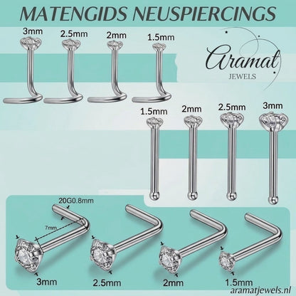 Aramat Jewels surgical steel nose piercing size guide showing various zirconia stone diameters and shapes