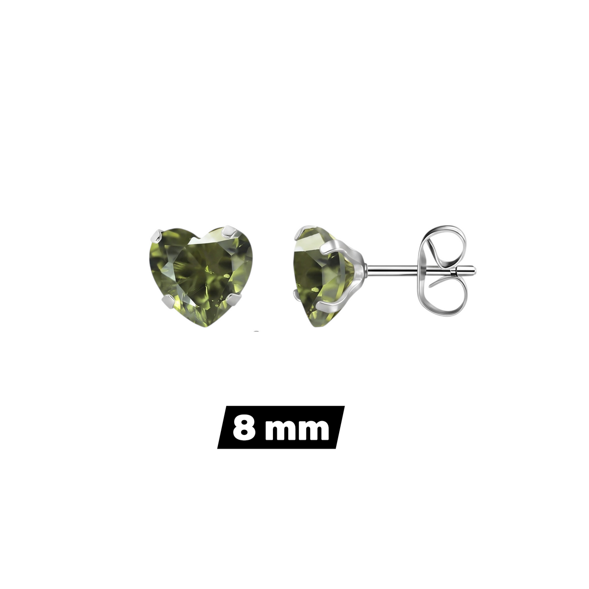 Aramat Jewels hartjes oorstekers van RVS met olijfgroene zirkonia in 8mm formaat en zilverkleurige vlindersluiting
