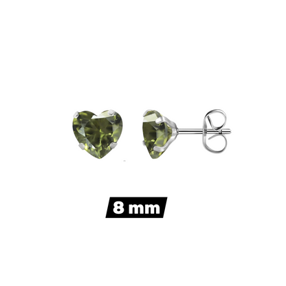 Aramat Jewels hartjes oorstekers van RVS met olijfgroene zirkonia in 8mm formaat en zilverkleurige vlindersluiting