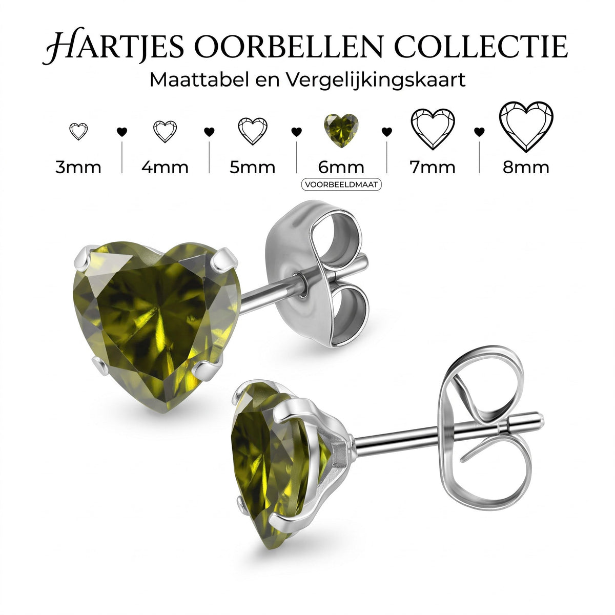 Aramat Jewels olijfgroene hartjes oorstekers van RVS met zirkonia en maattabel voor verschillende afmetingen