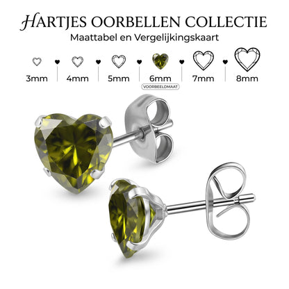 Aramat Jewels olijfgroene hartjes oorstekers van RVS met zirkonia en maattabel voor verschillende afmetingen