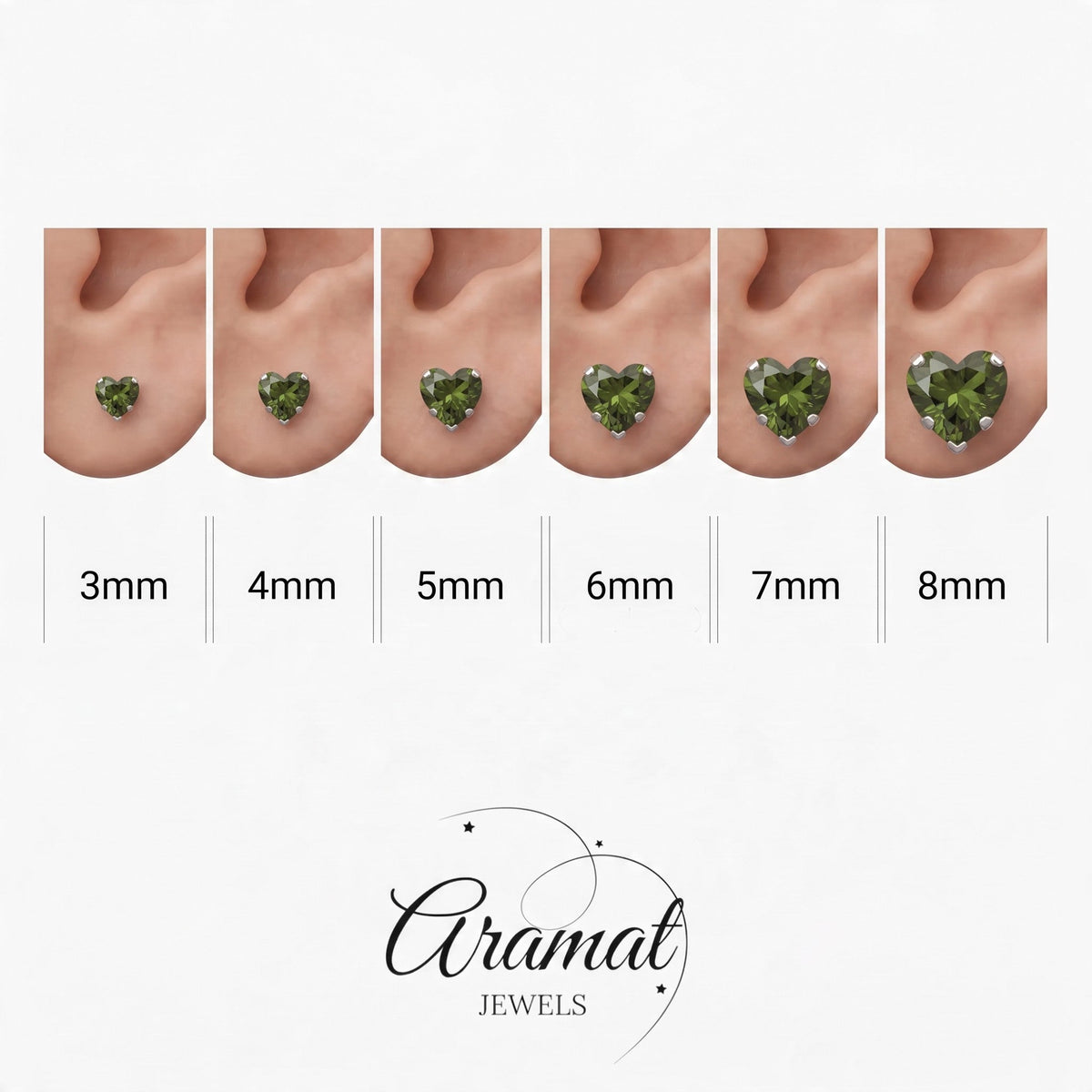 Aramat Jewels olijfgroene hartjes oorstekers van RVS met zirkonia in verschillende maten van 3 tot 8 mm.