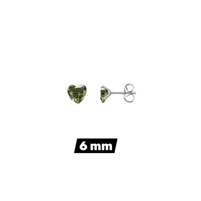 Aramat Jewels olijfgroene hartjes oorstekers van RVS met zirkonia in 6mm formaat en vlindersluiting.