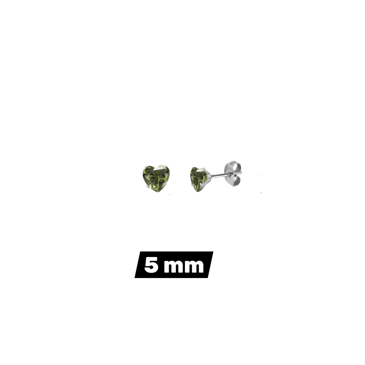 Aramat Jewels hartjes oorstekers van zilverkleurig RVS met olijfgroene zirkonia in 5 mm formaat