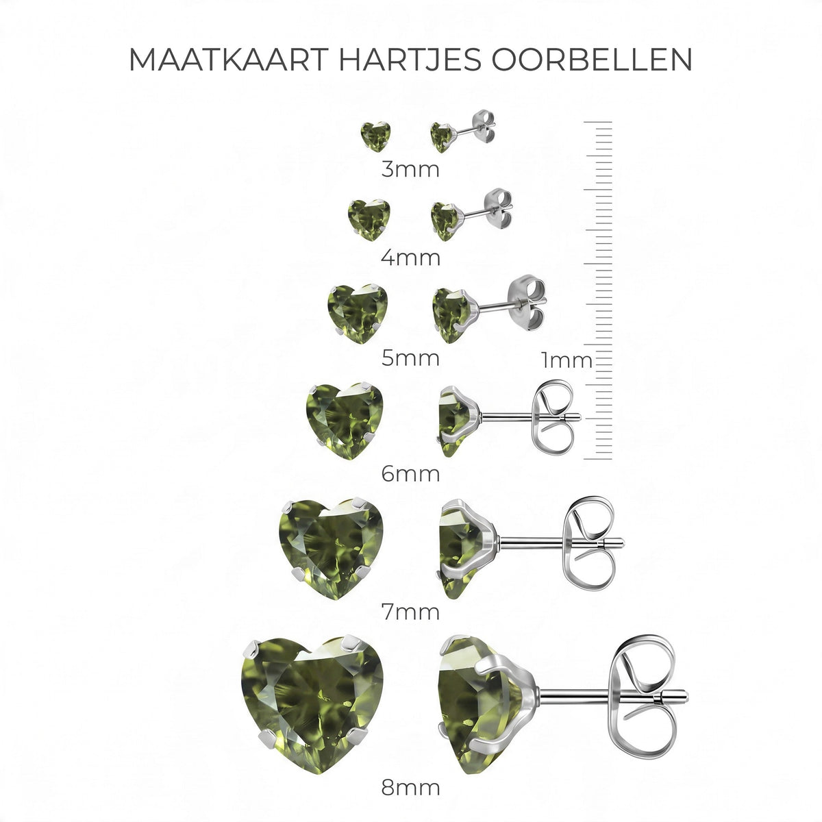 Aramat Jewels olijfgroene hartjes oorstekers van RVS met zirkonia in verschillende maten van 3 tot 8 mm.