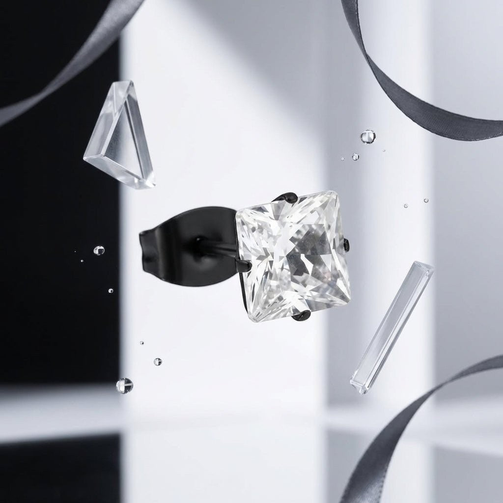 Aramat Jewels zwarte oorbel met vierkante zirkonia steen van 6mm, gemaakt van roestvrij staal.