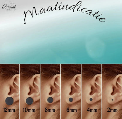 Aramat Jewels maattabel voor oorbellen met zes verschillende groottes van 2mm tot 12mm op een oor getoond.