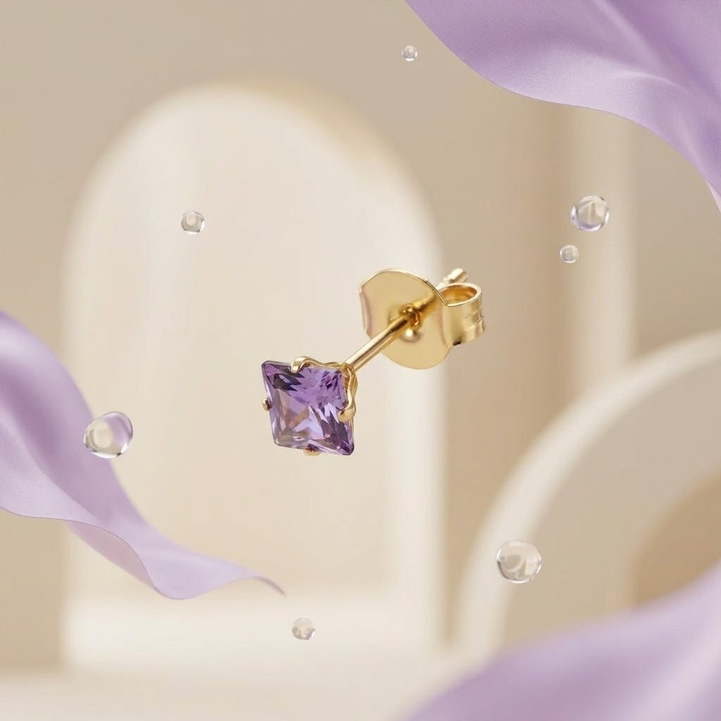 Aramat Jewels oorbellen van goudkleurig RVS met een 4mm vierkante paarse zirkonia.