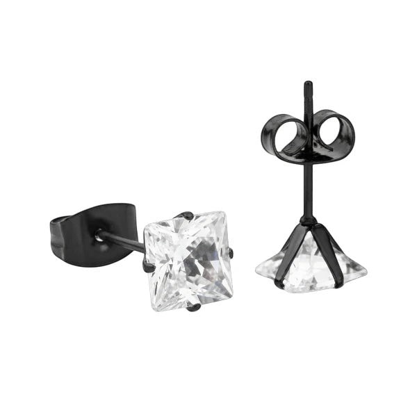 Aramat Jewels zwarte RVS oorbellen met vierkante zirkonia steen van 6mm