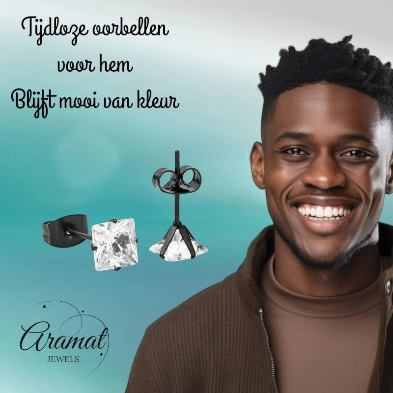 Aramat Jewels zwarte RVS oorbellen met vierkante zirkonia steen van 6mm. Tijdloze heren oorbellen.