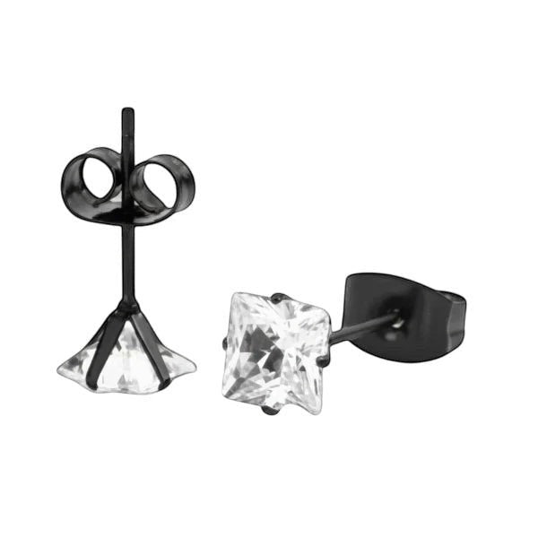 Aramat Jewels zwarte RVS oorbellen met vierkante zirkonia steen van 5mm.