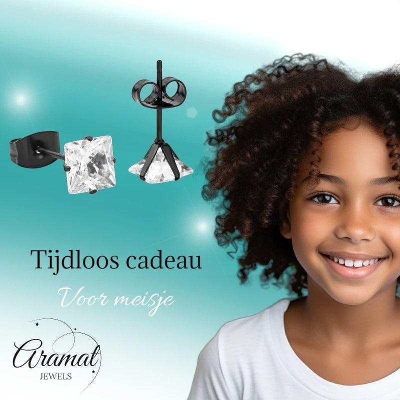 Aramat Jewels zwarte RVS oorbellen met vierkante zirkonia van 6mm. Tijdloos cadeau voor meisjes.