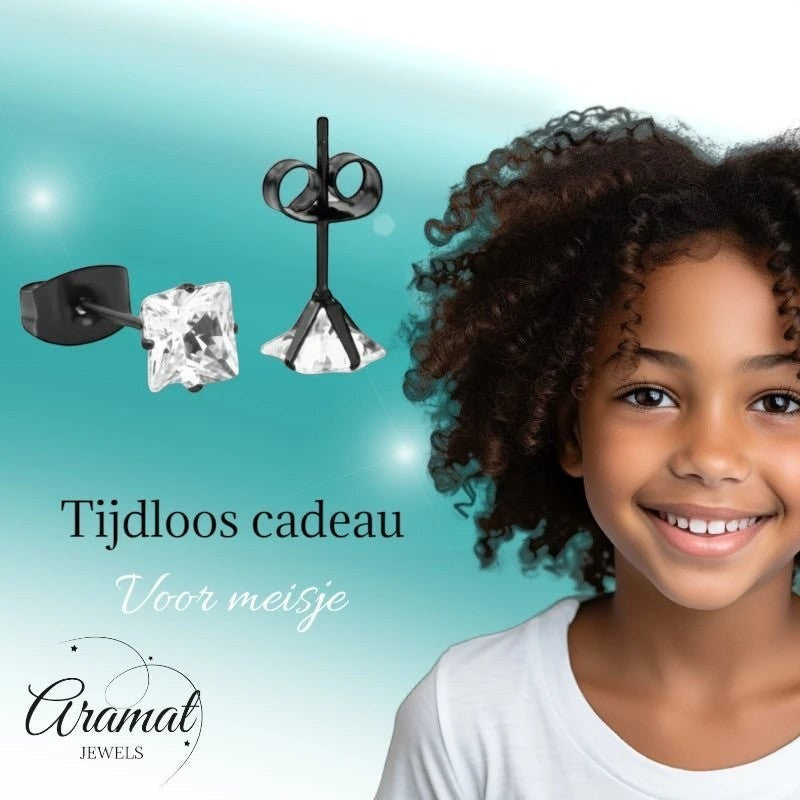 Aramat Jewels zwarte RVS oorbellen met vierkante zirkonia steen van 5mm.