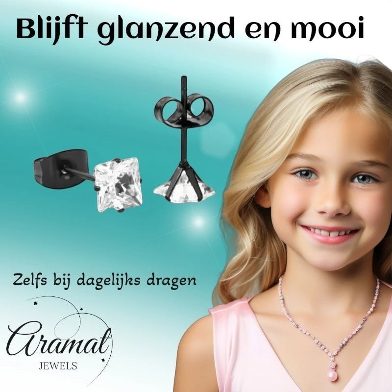 Aramat Jewels zwarte RVS oorbellen met vierkante zirkonia steentjes van 5mm.