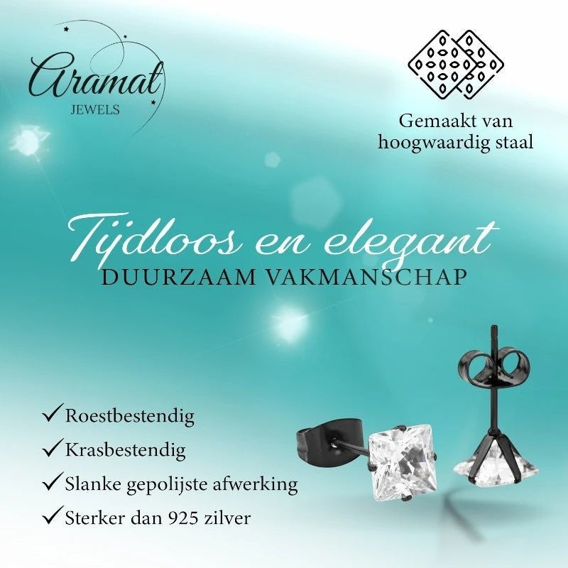 Aramat Jewels zwarte oorbellen met vierkante zirkonia steen (6mm), gemaakt van roestvrij staal.