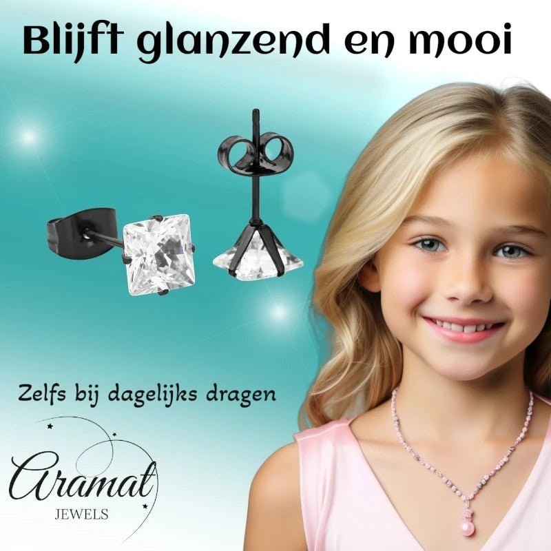 Aramat Jewels oorbellen van zwart roestvrij staal met vierkante zirkonia steen van 6mm.