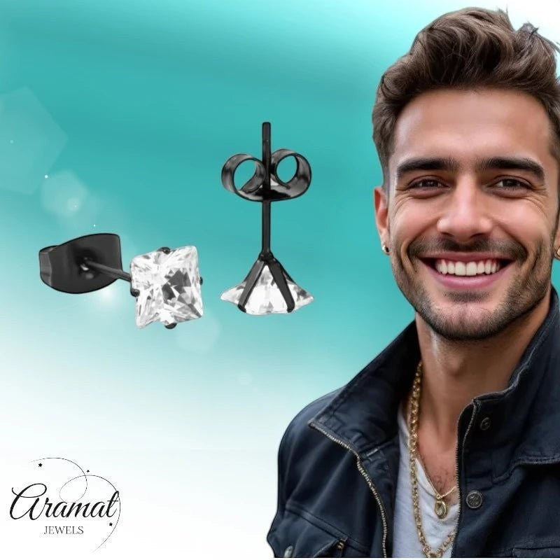 Aramat Jewels zwarte RVS oorbellen met vierkante zirkonia van 5mm. Stijlvolle heren oorbellen.