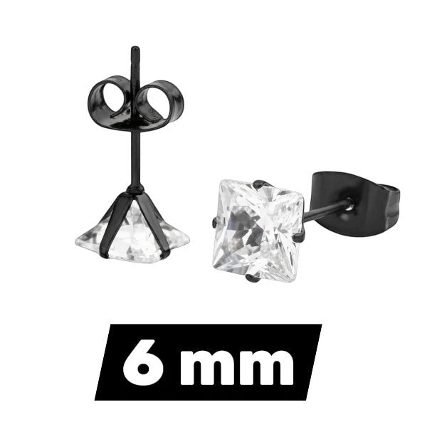 Aramat Jewels oorbellen van zwart roestvrij staal met vierkante zirkonia steen van 6mm.