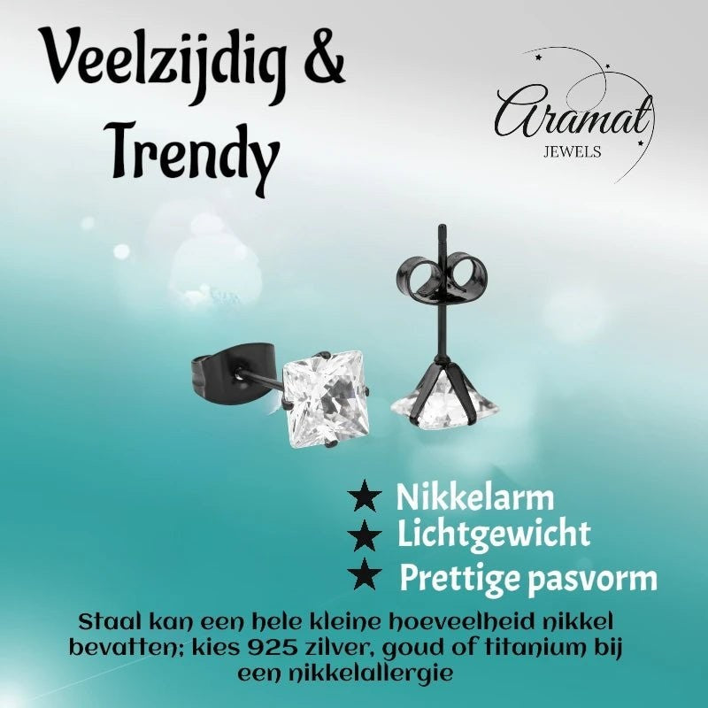 Aramat Jewels zwarte RVS oorbellen met vierkante zirkonia steen van 6mm.