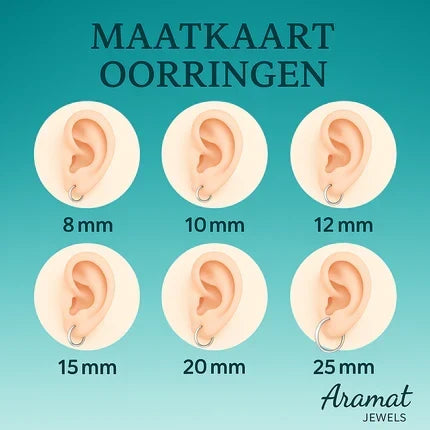 Aramat Jewels maattabel voor zilverkleurige RVS oorringen met verschillende diameters van 8mm tot 25mm op een oor.