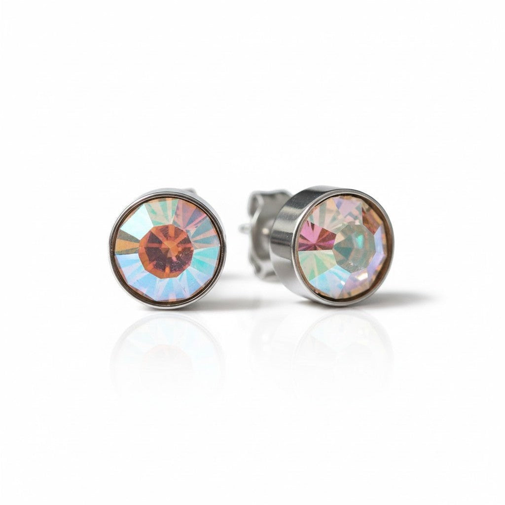 Aramat Jewels zilverkleurige oorstekers met 8mm AB transparant kristal, uniseks