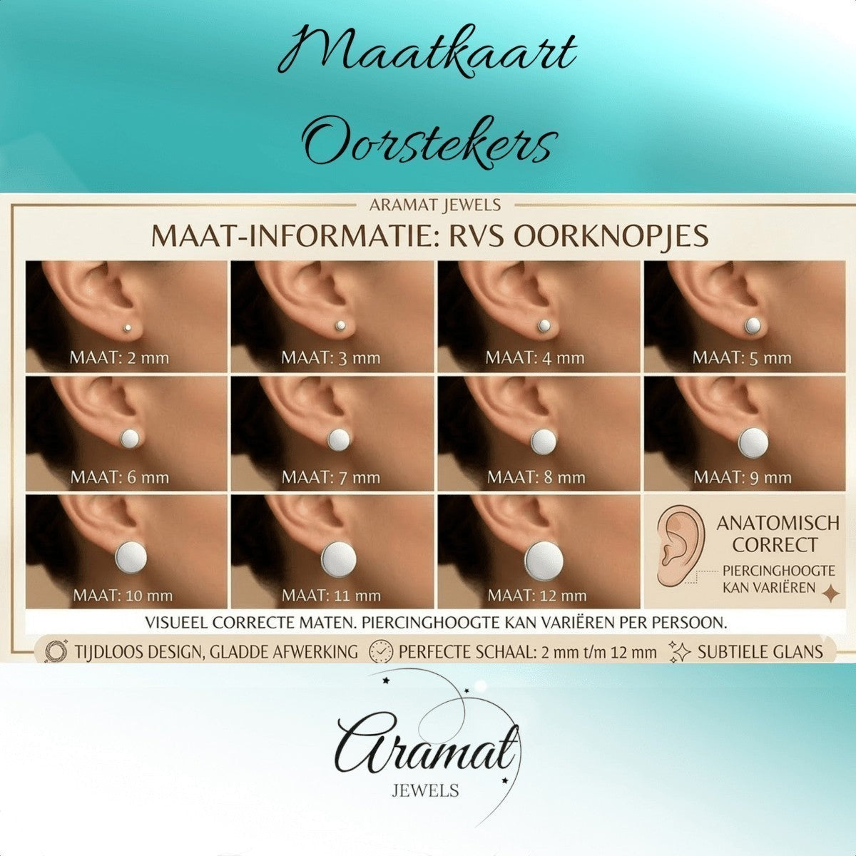 Aramat Jewels maatkaart met oorstekers in verschillende maten, van 2 mm tot 12 mm, getoond op oren.