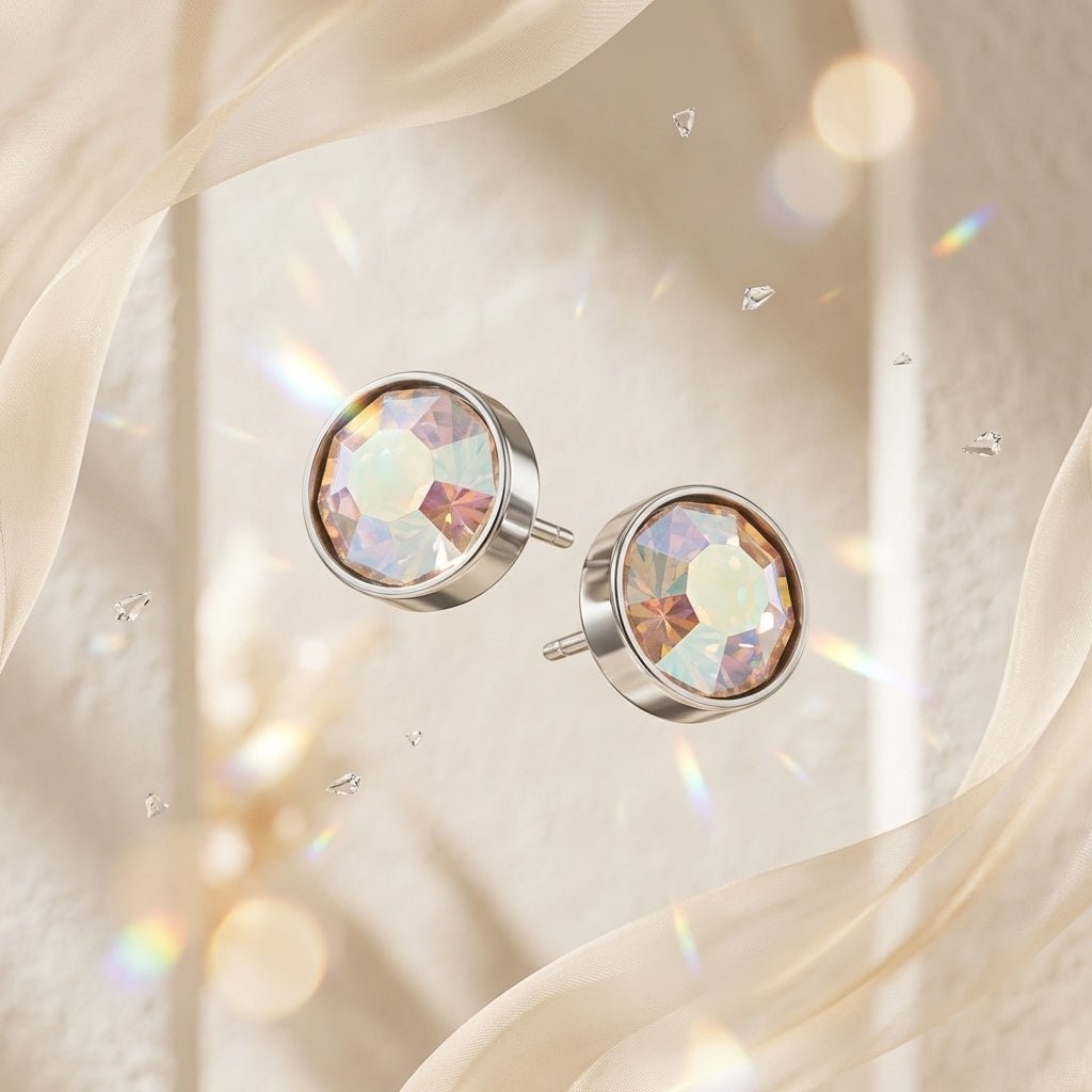 Aramat Jewels zilverkleurige oorstekers met 8mm AB transparant kristal, gemaakt van roestvrij staal.