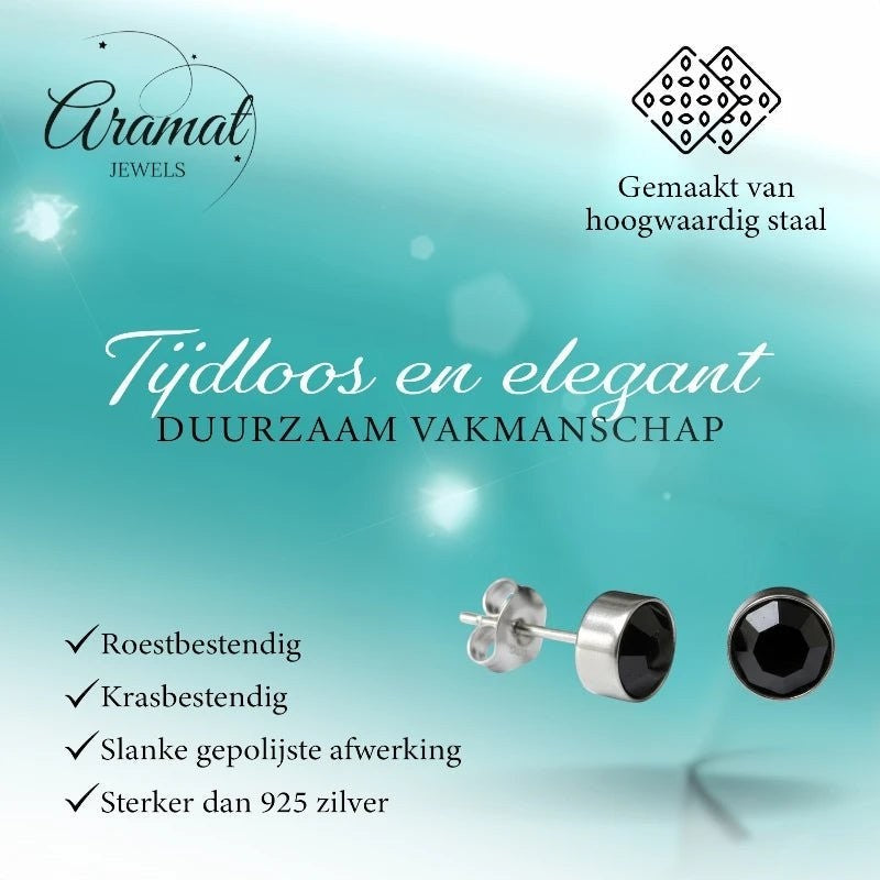 Aramat Jewels zilverkleurige oorstekers met een 8mm zwart kristal, gemaakt van roestvrij staal.
