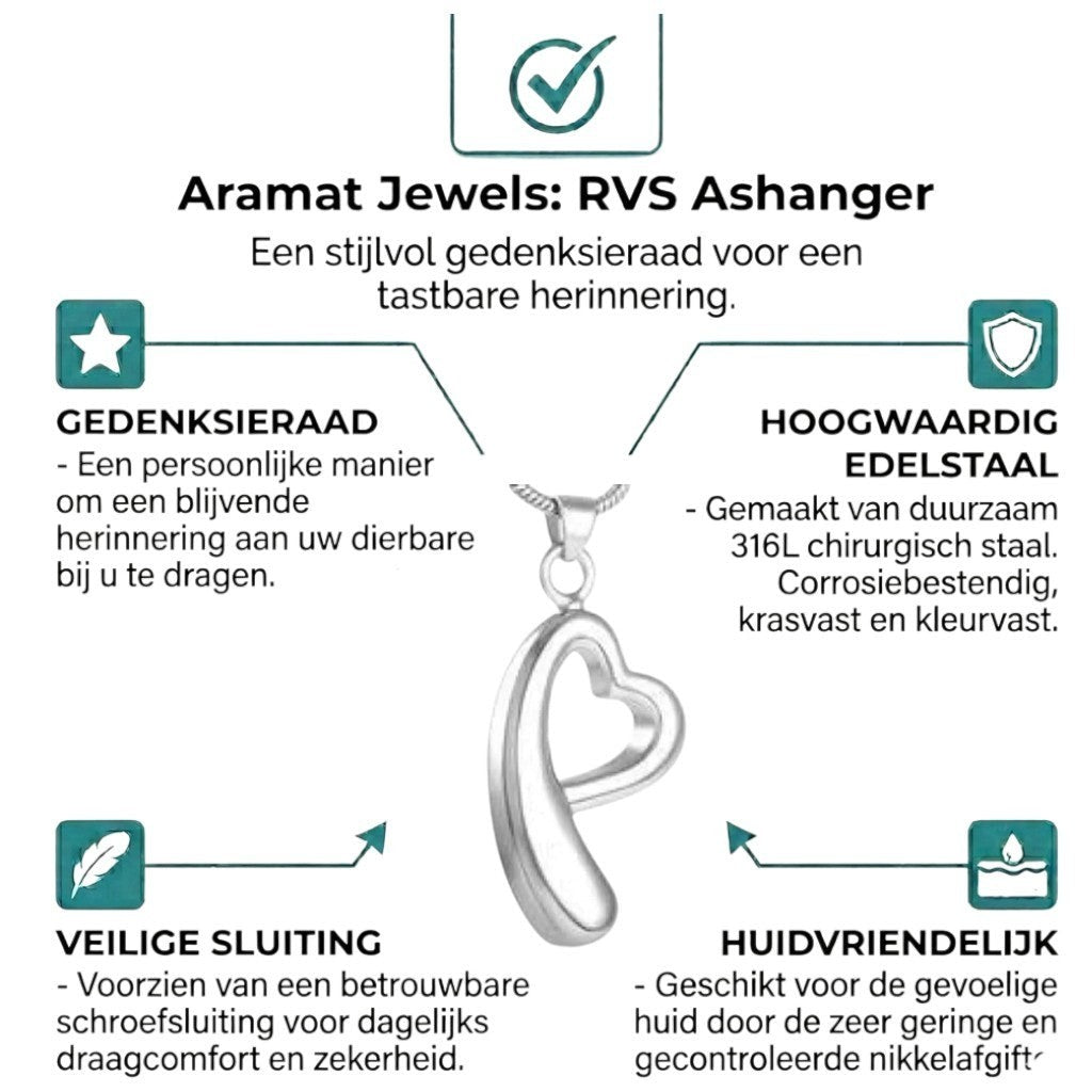 Aramat Jewels silver-colored stainless steel open heart cremation pendant, a classic memorial jewelry piece.
