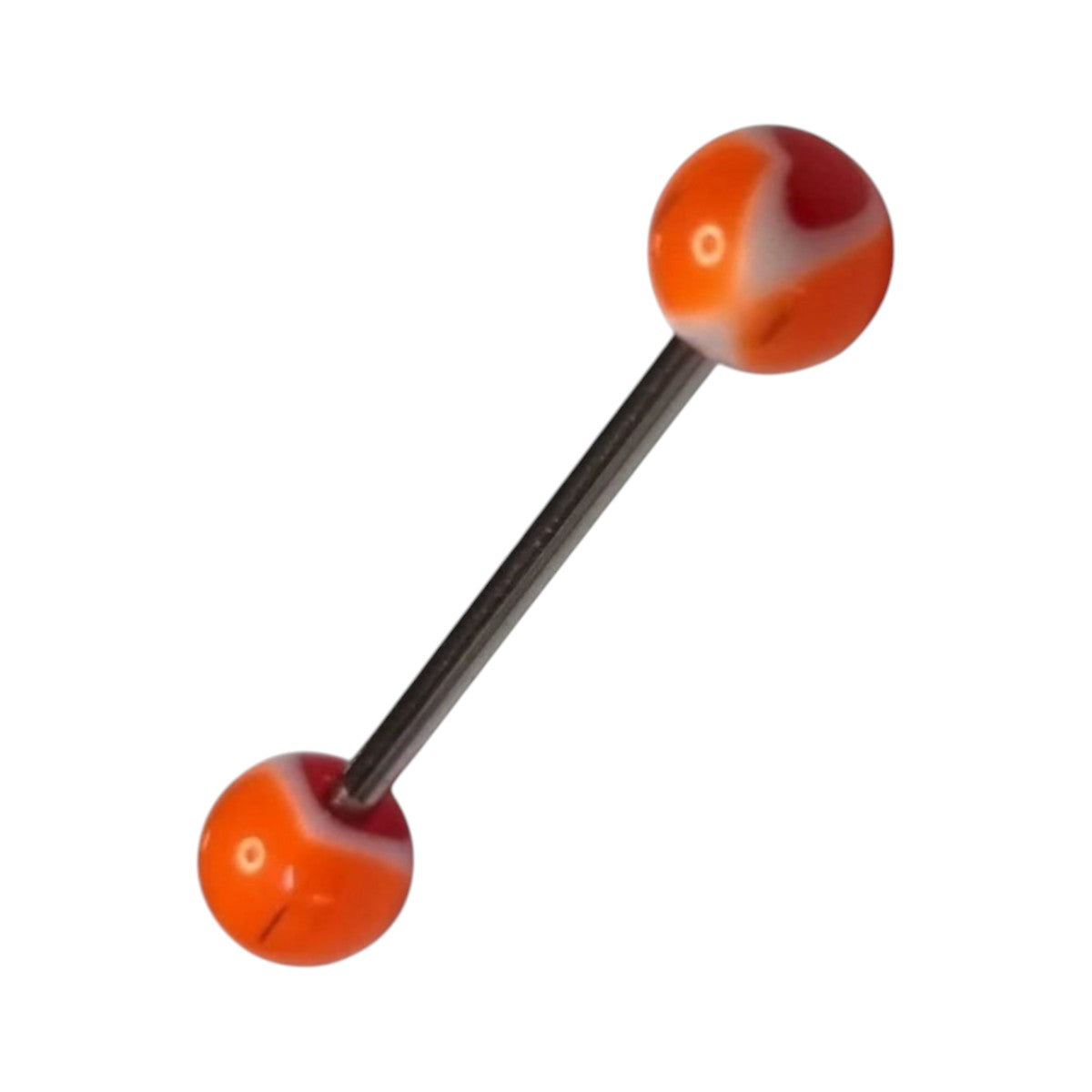 Aramat Jewels steel tongue piercing with orange, white, and red acrylic balls. The balls have a marbled effect.