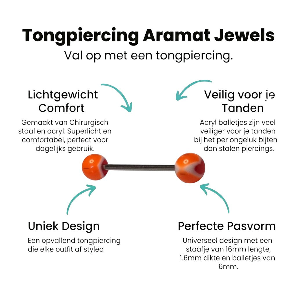 Aramat Jewels steel tongue piercing with orange, white, and red acrylic balls. The balls have a marbled effect.