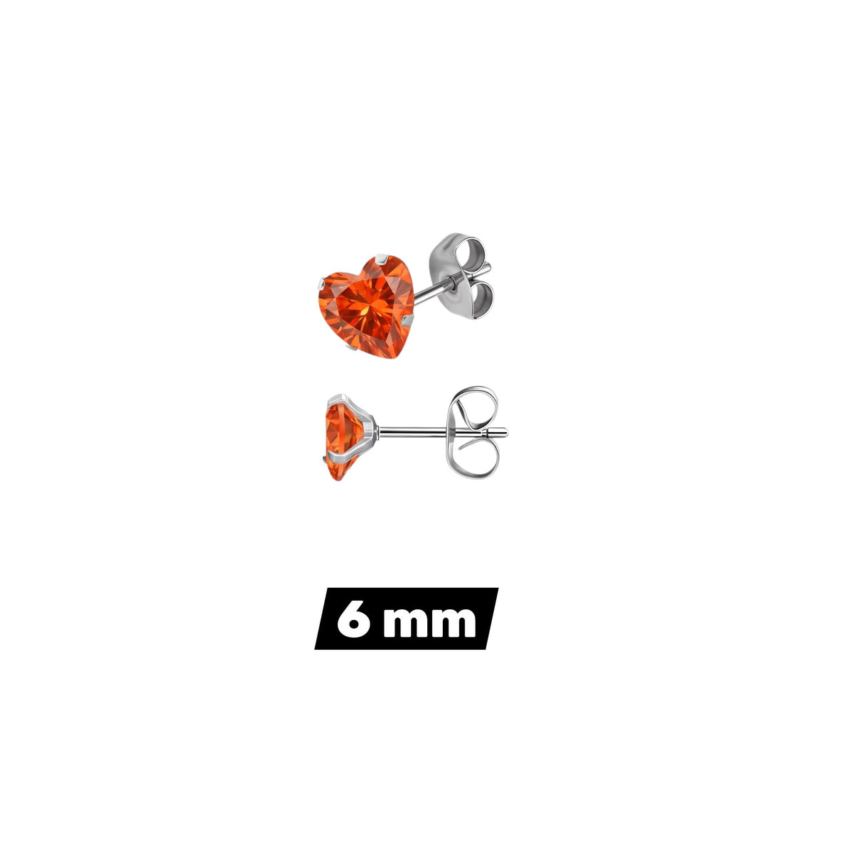 Aramat Jewels hartjes oorstekers van zilverkleurig RVS met een oranje zirkonia steen in 6mm formaat.