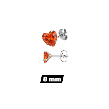Aramat Jewels hartjes oorstekers van zilverkleurig RVS met een oranje zirkonia steen in 8mm formaat.