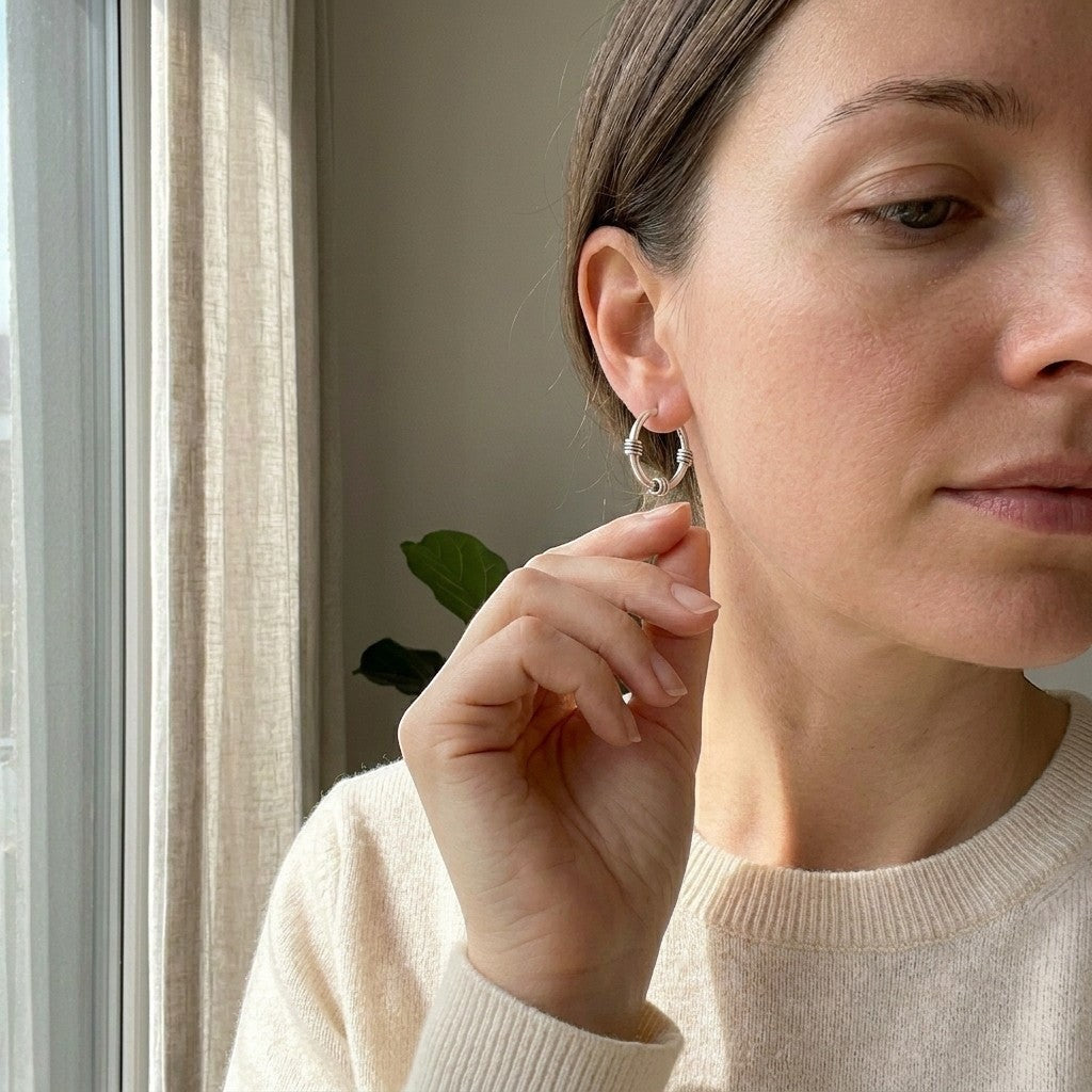 Aramat Jewels oxidized silver Bali hoop earrings, 20mm diameter, with a rustic vintage look. Model wears them with a cream sweater.