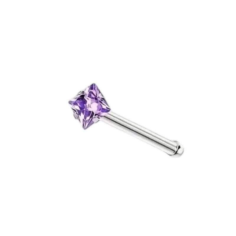 Aramat Jewels neuspiercing van chirurgisch staal met een paarse vierkante zirkonia van 2mm op een recht staafje.