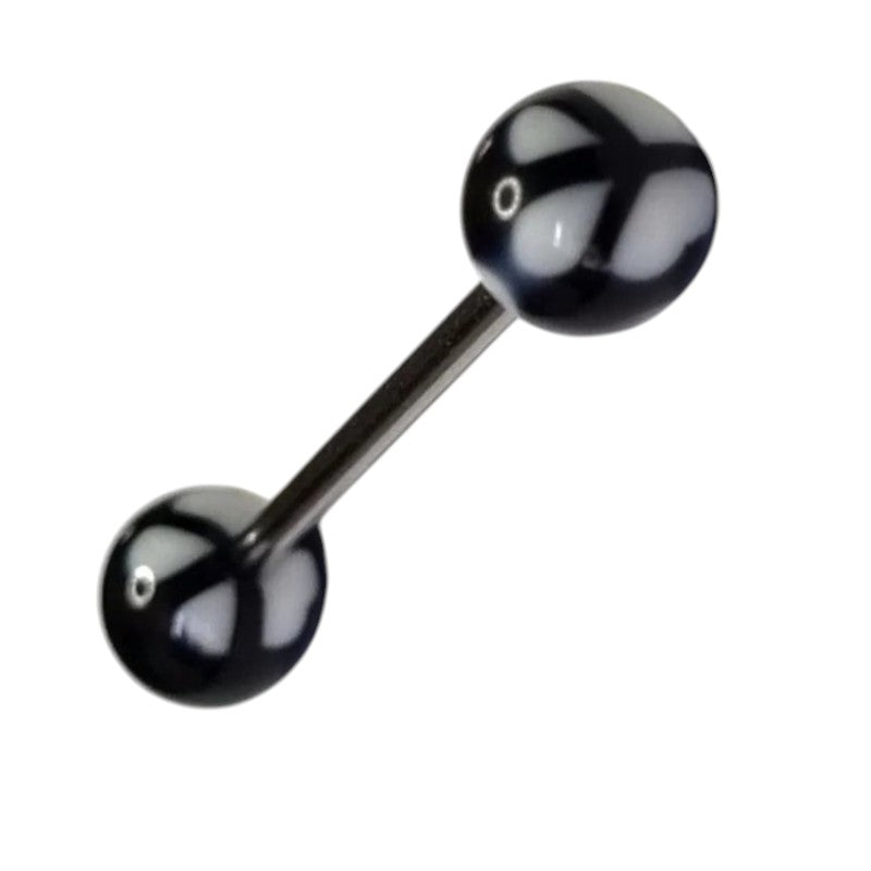 Aramat Jewels black and white peace sign tongue piercing made of steel and acrylic.