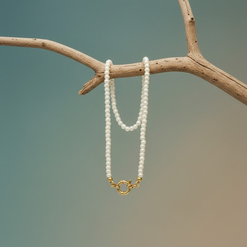Aramat Jewels gold-tone clasp on a white faux pearl necklace, 42cm length, versatile for styling.