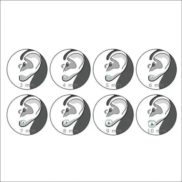 Aramat Jewels size guide illustration showing various pearl earring diameters from 3mm to 10mm on an ear lobe