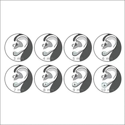 Aramat Jewels size guide illustration showing various pearl earring diameters from 3mm to 10mm on an ear lobe