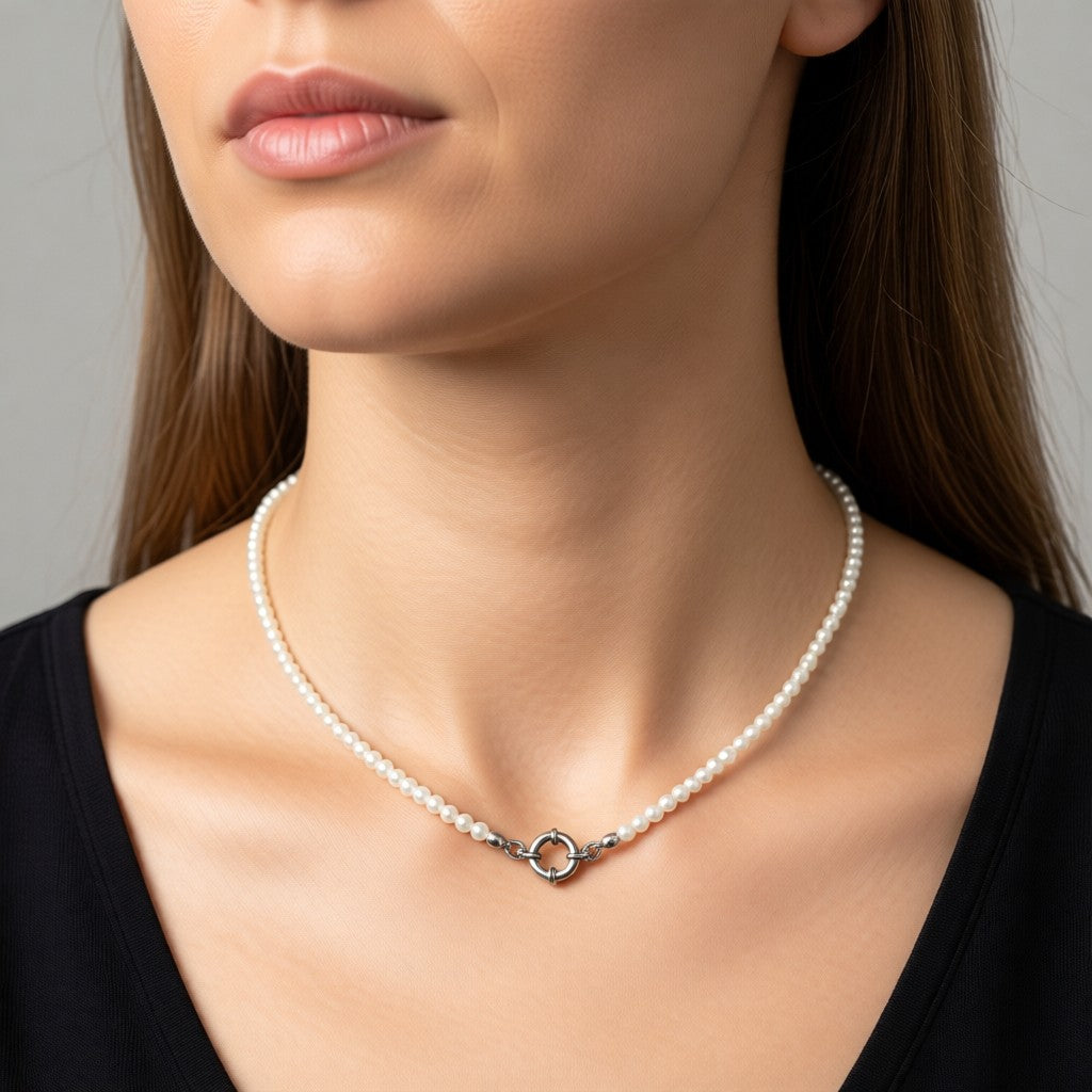 Aramat Jewels women's necklace with small white pearls and a silver clasp, worn by a model.