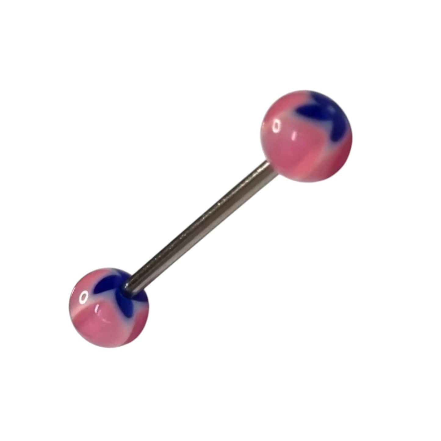 Aramat Jewels pink, blue, and white acrylic flower tongue piercing with a silver barbell.
