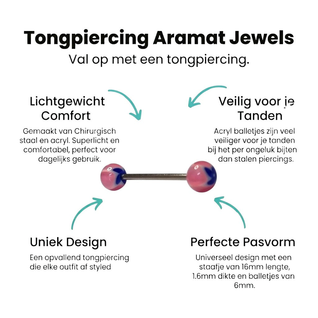 Aramat Jewels pink, white, and blue acrylic flower tongue piercing with a silver barbell.