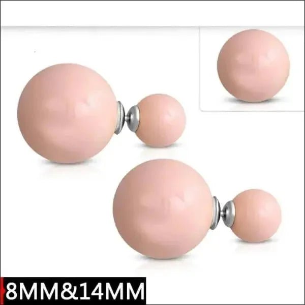 Aramat Jewels double pearl stud earrings in soft pink with 8mm and 14mm round synthetic pearls on steel posts